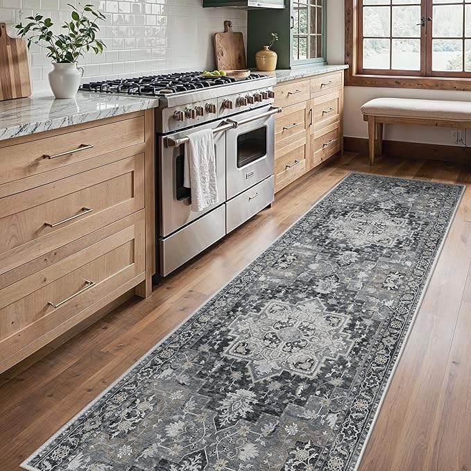 Runner Rug 2'6''x8, Machine Washable Runners, Non Slip Vintage Hallway Runner Rugs, Low Pile Lightweight Mat for Entryway, Hallway, Kitchen and Corridor, Dark Gray