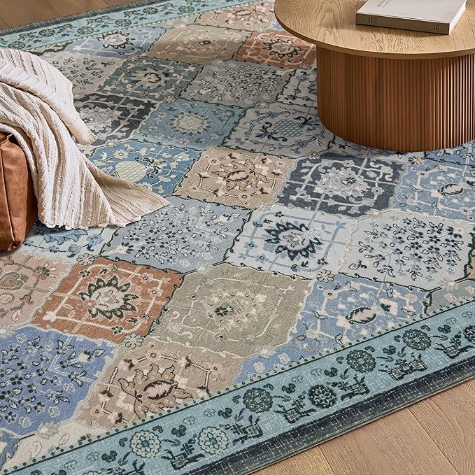 Phantoscope Washable Round Area Rug 6ft Non-Slip, Vintage Boho Rugs for Living Room, Bedroom, Dining Room, Distressed Moroccan Mosaic Diamond Pattern, Low-Pile Foldable Floor Carpet, Blue Teal/Neutral