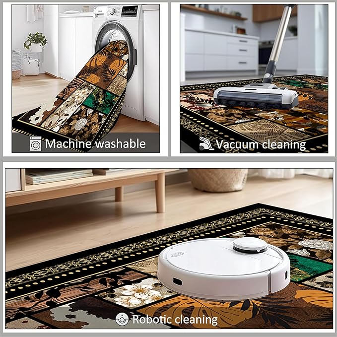 Floral Tropical Patchwork Area Rug 6x8ft, Vintage Black & Brown Country Carpet, Low Pile Non-Slip Mat for Cozy Bedroom, Dining Room, Farmhouse Decor