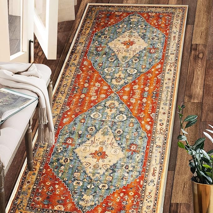 COMSLE Boho Runner Rug, 2' x 8' Washable Rugs for Hallway Faux Wool Small Kitchen Area Rug Distressed Throw Rug Non-Slip Laundry Room Rug Carpet Runner for Entryway Indoor Bedroom