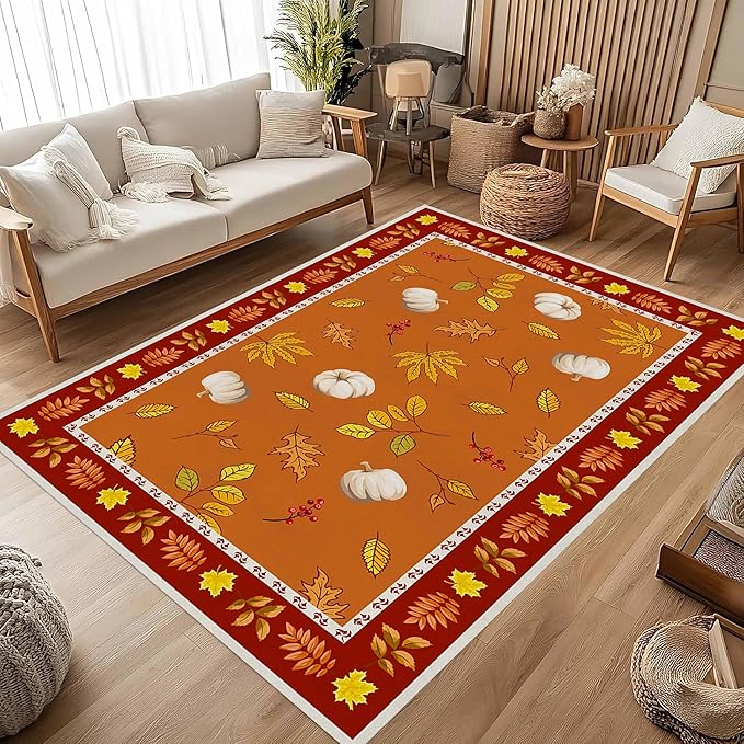Fallen Leaves Carpet for Kitchen, 3x5ft, Autumn Pumpkins with Leave Orange Area Rug, Indoor Ultra-Thin Foldable Machine Washable Fun Pumpkin Bath Mat for Home Office Relax Room