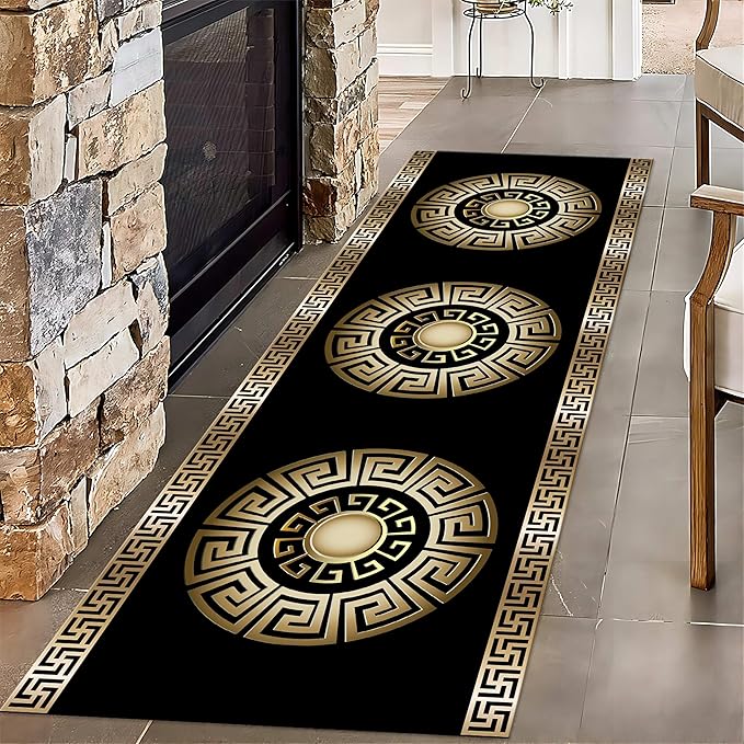 Black Gold Geometric Hallway Runner Rug, 4x10ft, Vintage Greek Key Entryway Carpet, Baroque Style Pattern Machine Washable Carpets, Durable Non-Shedding Non-Slip Rugs for Dorm Nursery