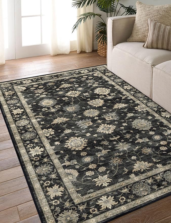Washable Area Rug 4x6 - Traditional Floral Living Room Rug Soft Boho Bedroom Rug Ultra-Thin Charcoal Black Vintage Farmhouse Dining Room Rugs for Under Table Indoor Carpet for Living Room