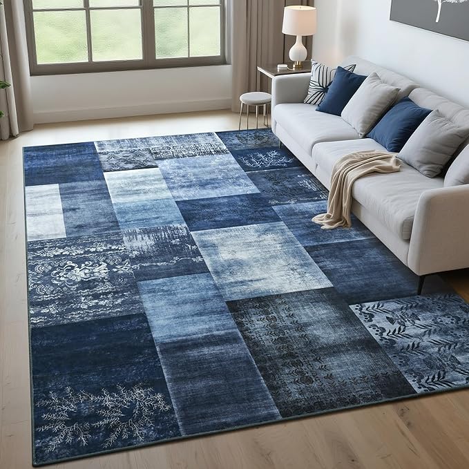 Tepook Modern Area Rug for Living Room, 6x9 Geometric Large Rugs for Bedroom, Washable Patchwork Rug Indoor Non-Slip Throw Carpets for Dining Room Office Farmhouse Home Decor, Blue