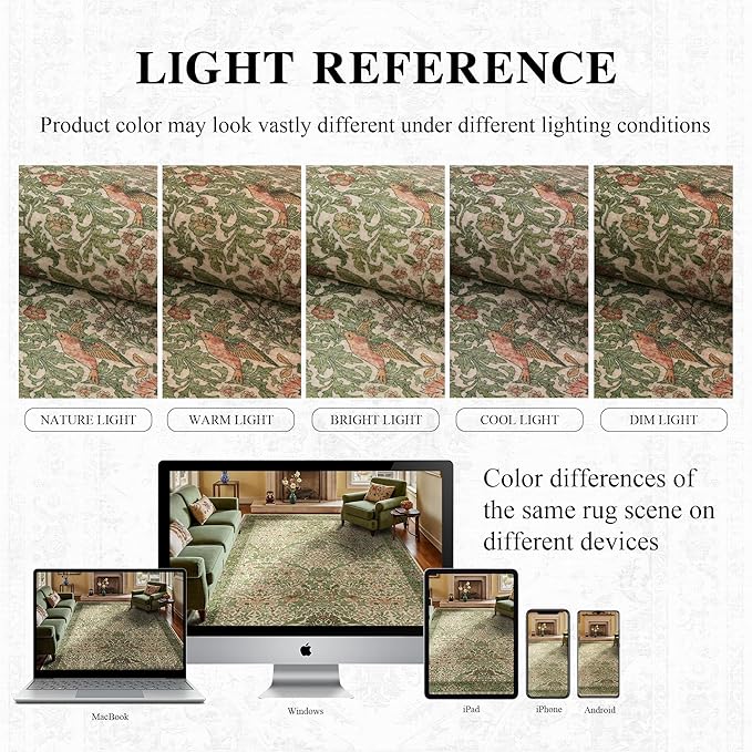 6x9 Floral Washable Area Rug for Living Room, Vintage Boho Rugs for Bedroom Dining Room, Botanical Birds Non Slip Low Pile Forest Throw Carpet for Farmhouse Office, Retro Pink/Green