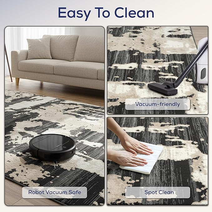 Abani Terra Cream Area Rug for Living Room, Bedroom - Black Abstract Pattern - 8' x 10' - Durable & Easy to Clean