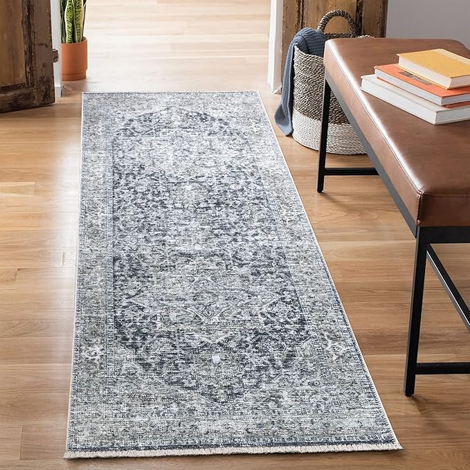 Bloom Rugs Caria Washable Non-Slip 12 ft Runner - Gray/Dark Blue Traditional Runner for Entryway, Hallway, Bathroom, and Kitchen - Exact Size: 2'6" x 12'