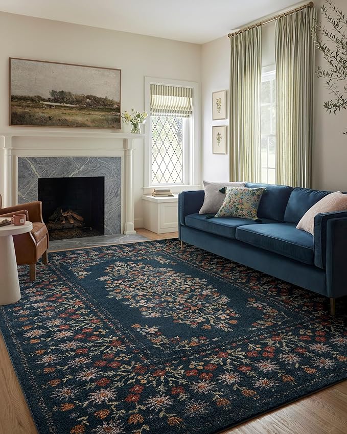 Loloi Rifle Paper Co. Laurel Collection LAU-01 Dark Navy 5'-3" x 7'-8" Area Rug