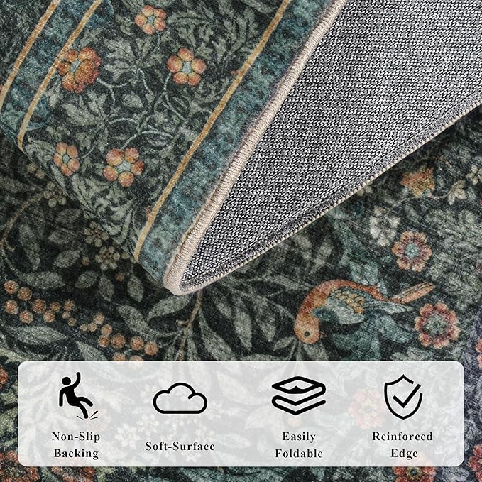2x3 Floral Washable Area Rug for Living Room, Vintage Boho Rug for Bedroom Dining Room， Distressed Botanical Birds Non Slip Low Pile Forest Animal Throw Carpet for Farmhouse Office, Dark Green