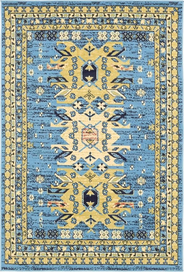 Unique Loom Taftan Collection Border Geometric Tribal Inspired Design Area Rug (4' 0 x 6' 0 Rectangular, Light Blue/ Gold)
