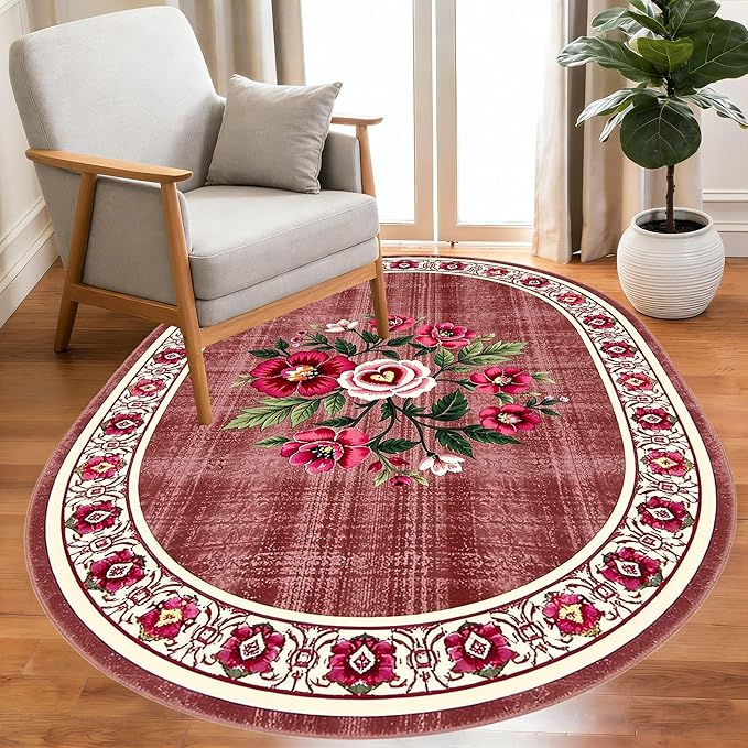 Retro Country Distressed Burgundy Green Florals Texture Bordered Rugs 5x8 for Living Room Bedroom Dining Room Soft Washable Non Skid Area Rug Guestroom Kitchen Doormats Rustic Indoor Oval Carpet