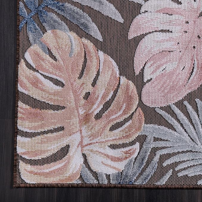 CAMILSON Indoor Outdoor Rug, Brown 10’x14’ Leaf Tropical Botanical Area Rugs for Indoor and Outdoor patios, Easy-Cleaning Non-Shedding Living Room, Garden and Kitchen Washable Outside Carpet (10x14)