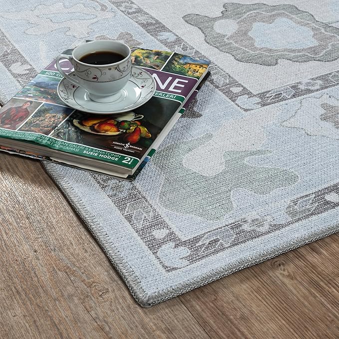 Fame Living Cream Beige Oushak Rug, Modern, Vintage, Turkish, Eclectic, Floral, Pastel, Washable, Extra Large Area Rugs for Living Room, Dining, Bedroom, Lounge, 9'x12'