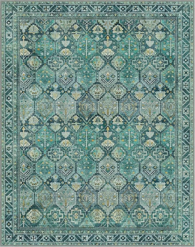 Bavni 2x3 Entryway Rug Bathroom Rugs for Front Door Bedroom Bathroom Kitchen, Washable Vintage Print Carpet, Ultra-Thin Chenille Lightweight Rug with Non Slip Backing, Dark Green