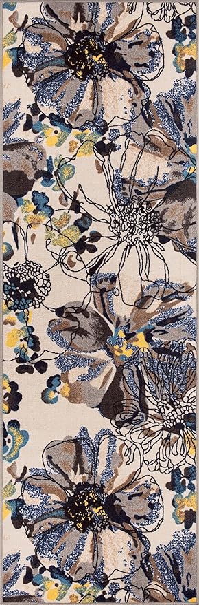Rugshop Cream Bright Flowers Non Slip Non-Shedding Runner Rug for Hallway, Kitchen and Laundry Room, 2'7" x 8'