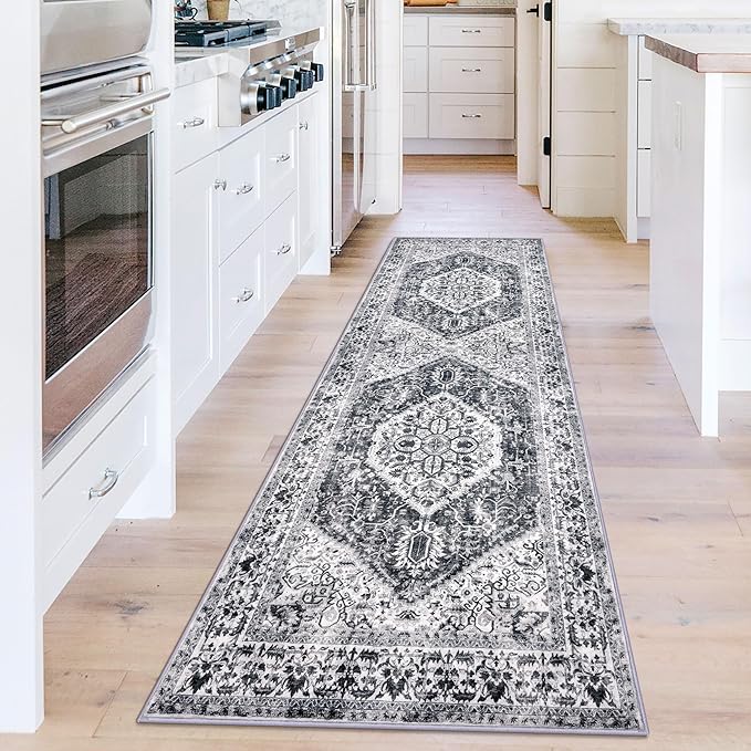 KOZYFLY Runners for Hallways 2x6 Ft Washable Kitchen Runner Rug Non Slip Runners for Entryway Indoor Printed Faux Wool Hallway Rugs Floor Carpet for Bedroom Kitchen Hall, Grey
