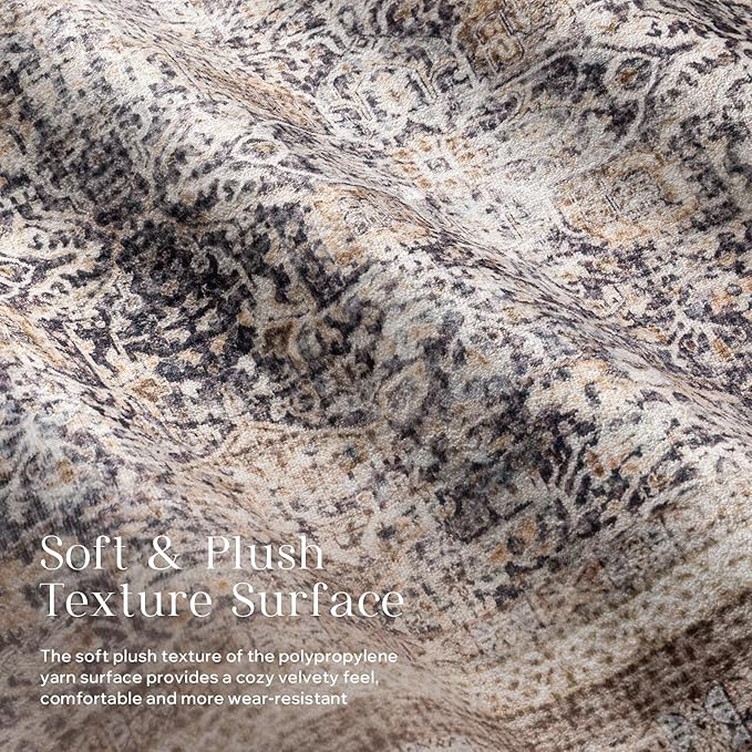 Phantoscope Washable Area Rug 5'x7' Non-Slip, Vintage Neutral Rugs for Living Room, Bedroom, Dining Room, Distressed Boho Floral Medallion Pattern, Low-Pile Foldable Floor Carpet, Light Brown