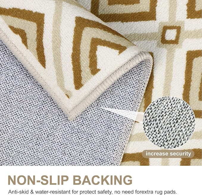 Bavni Hallway Runner Rug Machine Washable, 2x5 Non Slip Lightweight Washable Runners, Moroccan Checkered Rug for Entryway Laundry Kitchen Bathroom Corridor Bedside, Yellow Brown
