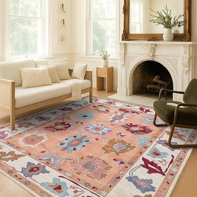 Fame Living Orange Oushak Rug, Modern, Vintage, Turkish, Eclectic, Floral, Pastel, Washable, Large Area Rugs for Living Room, Dining, Bedroom, Girls, Boys, 7'5"x9'8"