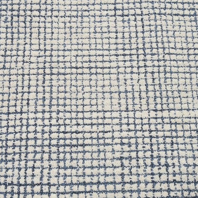 Hand-Tufted 100% Wool Pile Area Rug – Geometric Textured Grid Check Pattern – Thick and Durable Floor Carpet for Bedroom, Living Room, Kids Room, and Dining Area (Indigo Blue, 7' x 9')