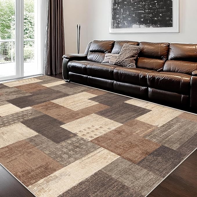 Modern Geometric Patchwork Indoor Area Rug for Living Room, Beige 9'x 12' Large Rug Rockwood Collection Hardwood Floors Decor for Bedroom, Beige Throw Carpet for Office Entryway Dining Room