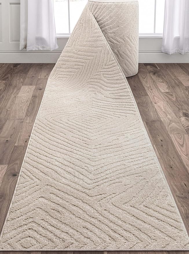 Well Woven Custom Size Hallway Stair Runner - Choose Your Length - 27 Inches Wide x 18 Feet Long Runner (27" x 18' Runner) Rug - Ivory Relajo Soft Touch, Modern Geometric - Hi-Lo Pile