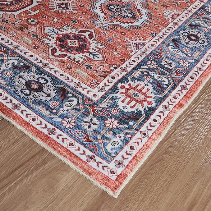 Dripex Vintage Washable Area Rug - 4x6 Distressed Rugs for Living Room Bedroom Oriental Medallion Floral Print Carpet Low-Pile Indoor Soft Non-Slip Accent Rug Farmhouse Office Home Decor