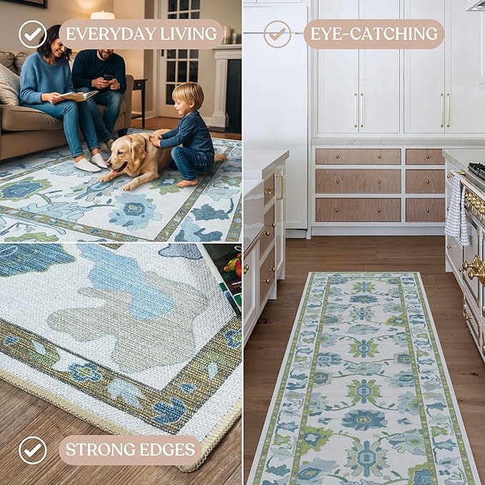 Fame Living Green Oushak Rug, Modern, Vintage, Turkish, Eclectic, Floral, Pastel, Washable, Oversized, Extra Large Area Rugs for Living Room, Dining, Bedroom, Lounge 9'5"x14'
