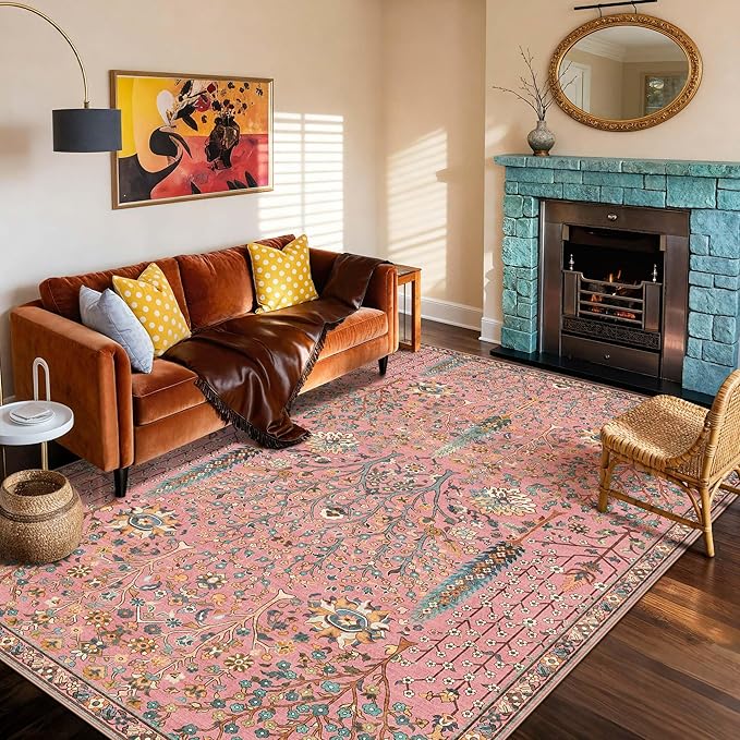 Kokia Boho Vintage Floral Area Rugs, Washable Oriental Botanical Rugs for Living Room, Bedroom, Dining Room, Office, Soft Indoor Area Rug, Rosette Pink，6x9