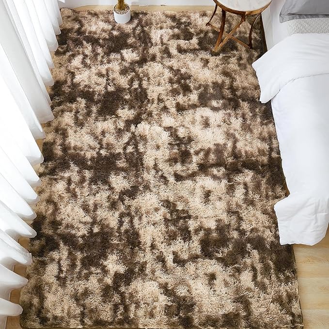 Andency Soft Area Rugs for Living Room Bedroom, 5x8 Fluffy Shaggy Bedside Rug, Non-Slip Large Shag Fuzzy Plush Carpets for Bedroom Kids Dorm Nursery Home Decor Aesthetic, Tie-Dyed Brown