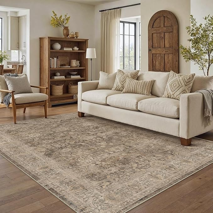 6x9 Rust Brown Washable Area Rug for Living Room Bedroom Neutral Soft Non Slip Rug Low Pile Vintage Distressed Carpet for Dining Room Nursery Office