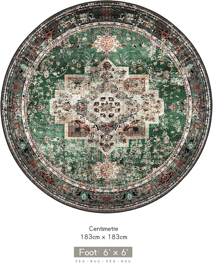 Round Rug 6ft for Bedroom, Green Washable Circle Rug Non-Slip Boho Area Rug 6' Round Carpet for Dining Room Kitchen Dorm Bathroom Low Pile Soft
