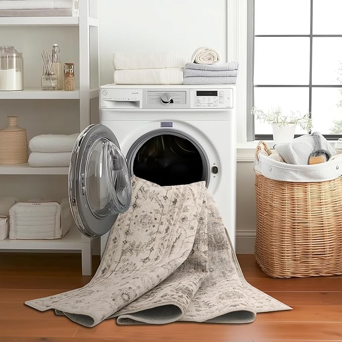 ReaLife Rugs Machine Washable Area Rug Runner - Living Room Bedroom Bathroom Kitchen Entryway Office - Padded Low Pile Stain Resistant Premium - Boho Farmhouse Vintage - Joy - Beige Ivory 2'6" x 6'