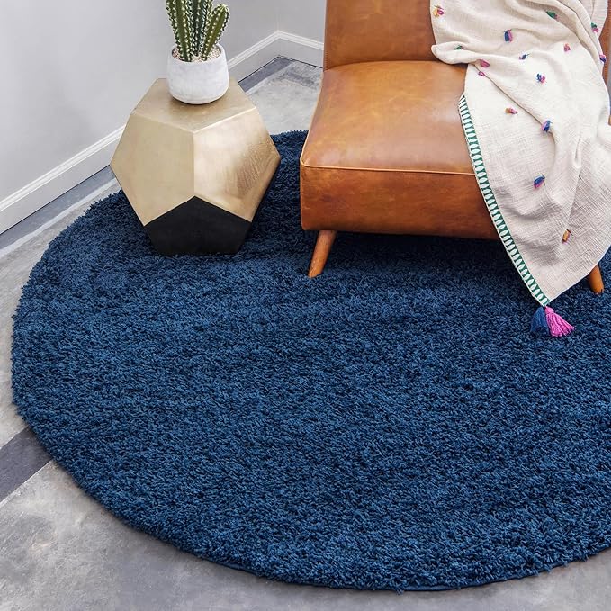 Unique Loom Solid Shag Collection Area Rug (7' 1" Round, Sapphire Blue/ Navy Blue)