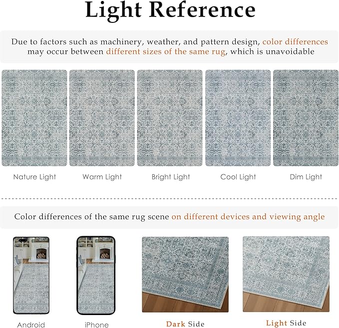 Area Rug 9x12 Blue Washable Living Room Carpet Soft Non Slip Vintage Bedroom Indoor Office Traditional Retro Distressed Large Thicker Throw Rug for Dining Room Playroom