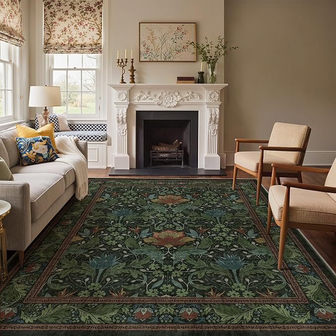 Bavni 8x10 Area Rugs for Living Room, Microfiber Machine Washable Non-Slip Vintage Floral Rug, Low Pile Lightweight Carpet for Bedroom, Dining Room, Home Office, Dark Green