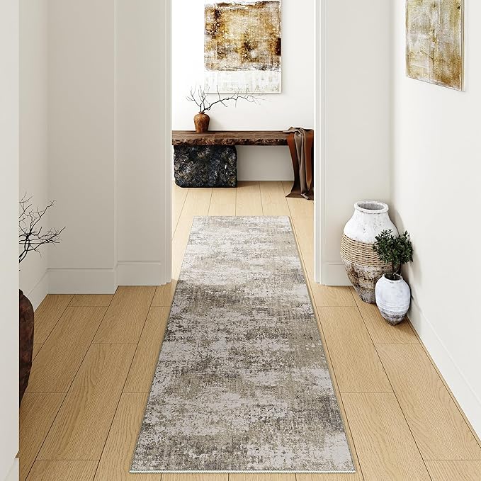 Modern Abstract Beige Gray Area Rug 2x6 Hallway Runner Machine Washable Carpet Bathroom Kitchen Indoor Accent Throw Low Pile Non Slip Distressed Laundry Living Dining Room Bedroom Office