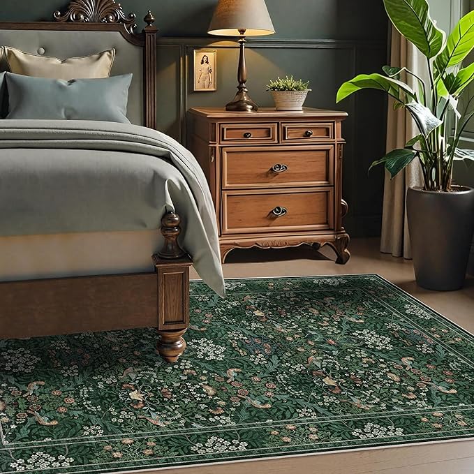 3x5 Floral Washable Area Rugs for Living Room, Vintage Boho Rug for Bedroom Dining Room， Distressed Botanical Birds Non Slip Low Pile Forest Animal Throw Carpet for Farmhouse Office, Bright Green