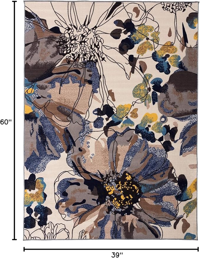 Rugshop Cream Bright Flowers Non Slip Non-Shedding Area Rug for Bedroom, Living Room and Home Office, 3'3" x 5'