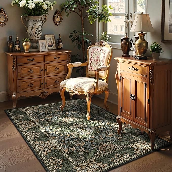 3x5 Floral Washable Area Rug for Living Room, Vintage Boho Rugs for Bedroom Dining Room, Botanical Birds Non Slip Low Pile Forest Throw Carpet for Farmhouse Office, Retro Gold/Green