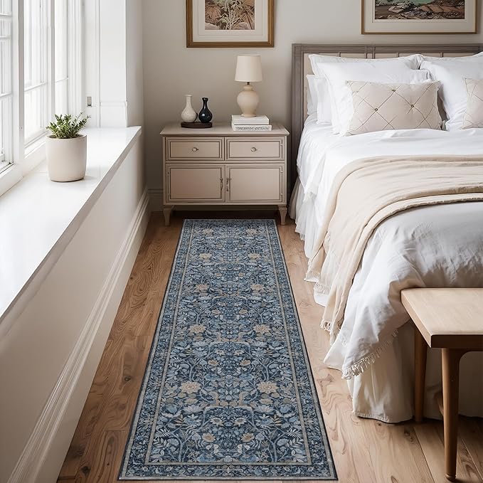 Washable Runner Rug 2x8: Vintage Boho Floral Carpet Runners for Hallway Entryway Non-Slip - Soft Botanical Low Pile Thin Mat for Kitchen Bathroom Bedroom Laundry Floor Decor - Slate Blue