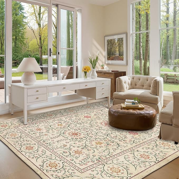 GarveeHome Boho 6x9 Area Rug for Living Room, Floral Vintage Rugs for Bedroom with Soft Low Pile, Non Slip Stain Resistant Botanical Washable Rug 6x9 for Dining Room Camel Carpet for Dorm Office