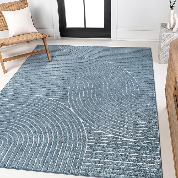 JONATHAN Y Hallie High-Low Curve Dark Blue/Cream 4x6 Indoor/Outdoor Area Rug, Minimalist Geometric, Pet Friendly, for Patio, Backyard, Living Room, Bedroom, Office, Hose-Washable (SCN100C-4)