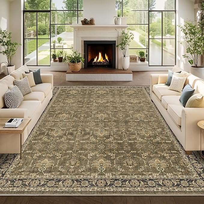 Washable Area Rug 9x12 Brown Rugs for Living Room, Vintage Boho Large Rug for Bedroom Dining Room Office, Distressed Floral Print Carpet for Under Table, Soft Non Slip Low Pile Throw Carpet Indoor Mat