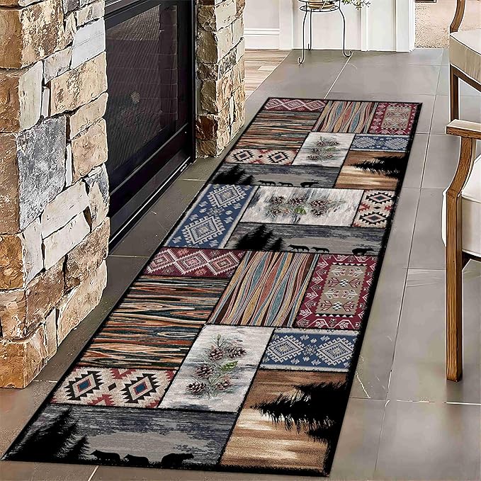 Rustic Country Woodland Bear Wolf Multicolor Animal Rug, 4' x 12', Machine Made, Low Pile, Indoor, Adult, Spot Clean Only, Runner