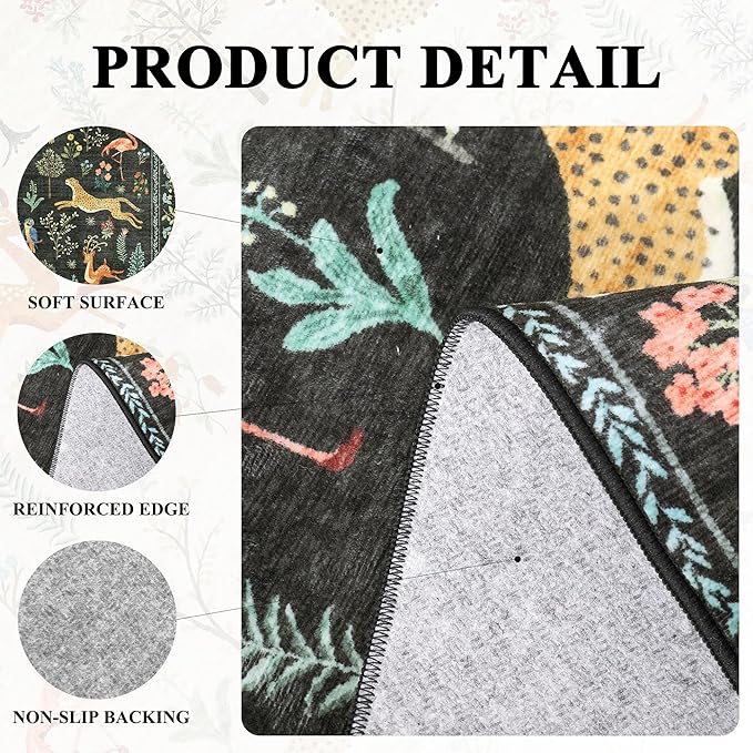DUKINO 8x10 Rug, Washable Animal Living Room Rug with Non Slip Vintage Design, Soft Low Pile Large Carpet for Bedroom, Nursery, Dining Room, Farmhouse, Playroom, Black