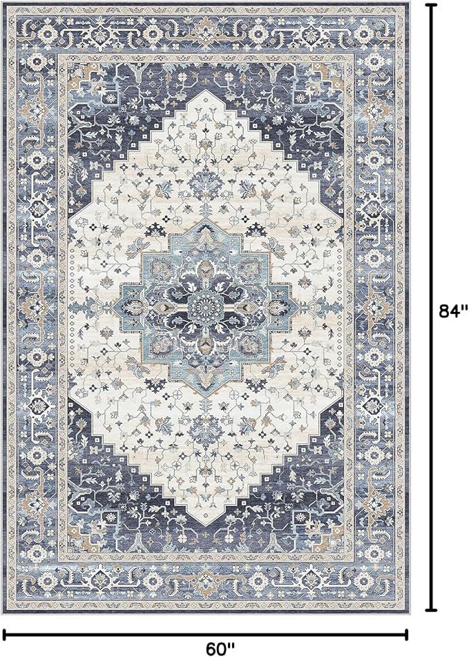 Dripex Vintage 5x7 Area Rugs - Large Washable Area Rug for Living Room Bedroom Oriental Medallion Floral Print Floor Carpet Low-Pile Indoor Soft Non-Slip Accent Rug Farmhouse Home Office Decor