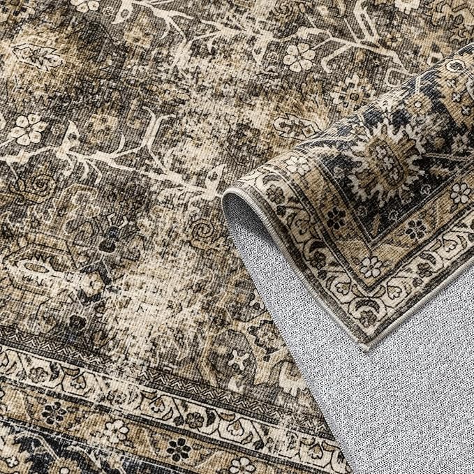 Vintage Area Rug 7x9 Brown Washable Living Room Large Carpet Non Slip Bedroom Indoor Office Low Pile Traditional Distressed Retro Accent Rug for Dining Room Kitchen