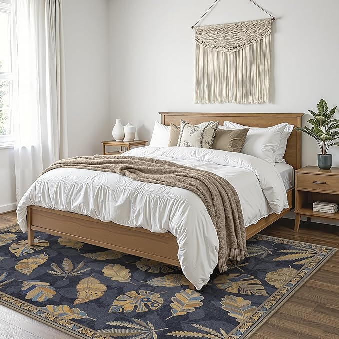 GENIMO 8x10 Area Rugs for Living Room, Machine Washable Non Slip Vintage Retro Rugs, Low Pile Soft Chenille Print Rug for Bedroom, Dining Room, Home Office, Leafy Twilight