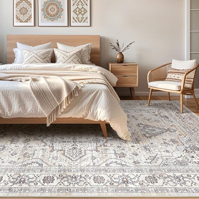7x9 Area Rug Living Room: Washable Boho Large Neutral Vintage Soft Rugs Stain Resistant Farmhouse Non Slip Indoor Floor Carpet for Bedroom Nursery Kids Playroom Office Dining Room- Ivory Gray